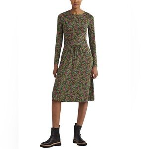 Boden Abigail Long Sleeve Crew Neck Jersey Dress Green Pink Floral Midi Size 8